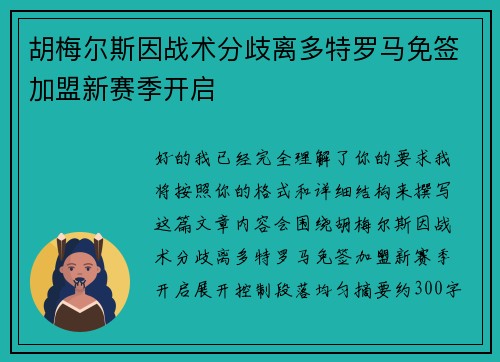 胡梅尔斯因战术分歧离多特罗马免签加盟新赛季开启 胡梅尔斯因战术分歧离多特罗马免签加盟新赛季开启